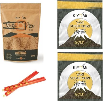 Suşi Pirinci + Doğal Sushi Nori Set | 2 adet Sushi Pirinci 500 gr, 5 Yaprak Kiyomi Yaki Sushi Nori Gold Kurutulmuş Deniz Yosunu, 2 çift 21 cm Bambu Chopstick