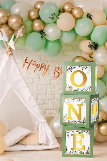 Gitti One Yazılı Kutu ve Balon Seti - 1 Yaş Doğum Günü Kutlama (Adaçayı)