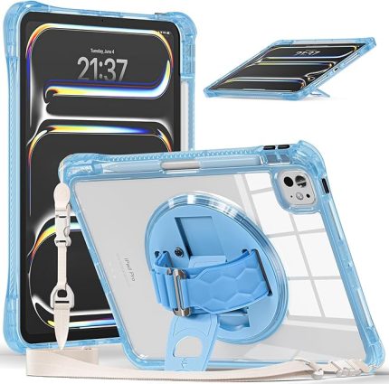 iPad Pro 11 inç 2024 için Çocuk Kılıfı: Döndürme Silikon El Kayışı Destek Çubuğu Omuz Askılı Tam Vücut Düşmeye Karşı Koruma Kılıfı (Açık Mavi)