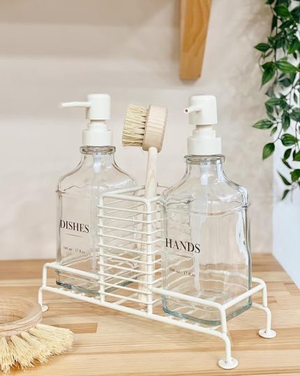 Sabun Ve Deterjan Dispenser Seti Demir Çiftli Pompa Ve Sünger Standı Sabunluk 500 Ml Bej