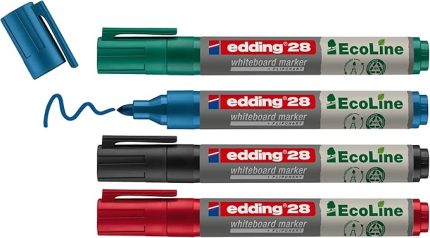 28 EcoLine beyaz yazı tahtası kalemi, 4'lü set, karışık renkler, yuvarlak uç, yeniden doldurulabilir