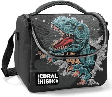 High Erkek Okul Okul Beslenme Çantası - Siyah Gri Dinazor - Termal Astarlı