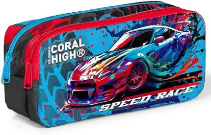 High Gri Mavi Yarış Arabası İki Bölmeli Kalem Çantası - Erkek Çocuk