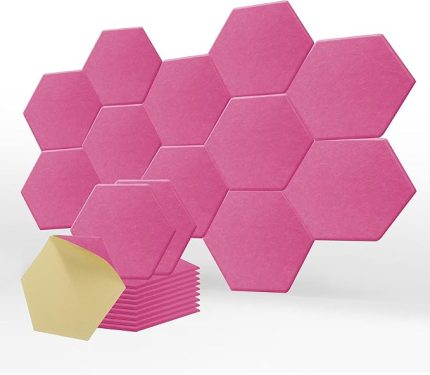 Paket Altıgen Akustik Paneller Stüdyo ve Ev için Kendinden Yapışkanlı Ses Geçirmez Duvar Dolgusu, 30 x 30 x 1,4 cm, Pembe Ses İşlemi, Gürültü Azaltma için İdeal