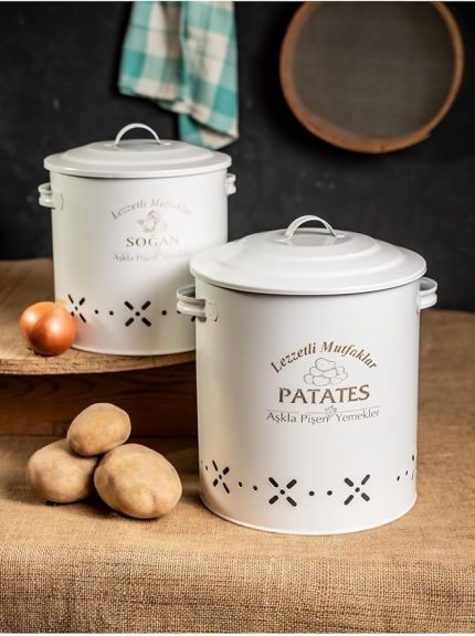 Metal Lüx Metal Patates Soğanlık Kovası Sebze Saklama Kabı Beyaz Ln1015B
