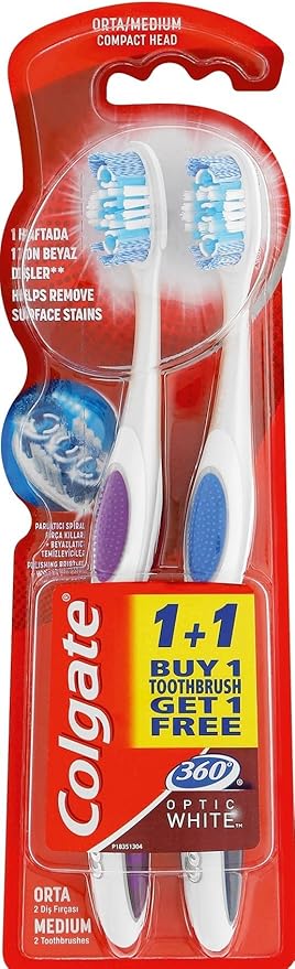 360 Optik Beyaz Dil ve Yanak Temizleyicili Orta Beyazlatıcı Diş Fırçası 1+1