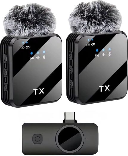 Kablosuz Yaka Mikrofonu Çift Mikrofon iPhone 16 ile Uyumlu TYPE-C Portlu Telefon PC Tablet Video Kayıt Röportaj Canlı Yayın Vlog Kablosuz Mikrofon 1027