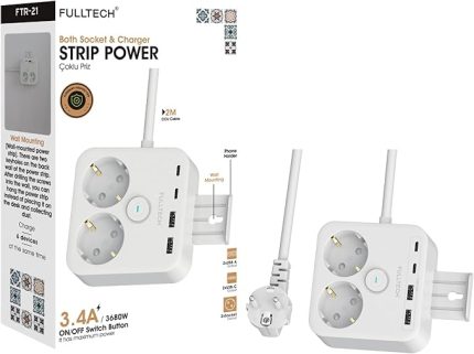 Akım Korumalı 2'Li Priz, Çocuk Korumalı ve Isıya Dayanıklı Yapı, 2x Usb 2x Usb A Girişli Tasarruflu Adaptör, 2 Metre Uzatma Kablosu