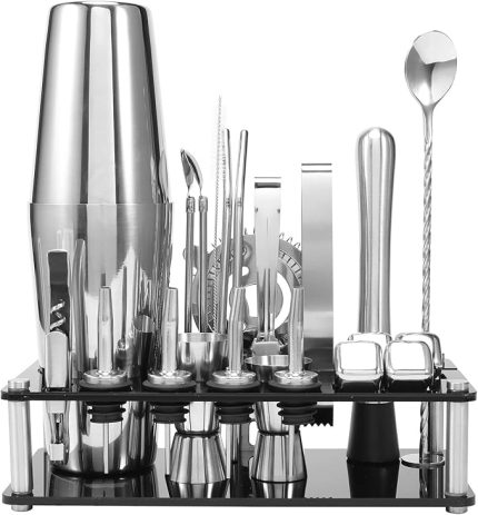 Kokteyl Shaker Seti, Boston Paslanmaz Çelik Barmen Seti, Akrilik Standlı ve Kokteyl Tarifleri Kitapçığı