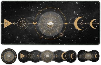 Klavye Mouse Pad Seti, Büyük Oyun Mouse Pad+Klavye Bilek Desteği+Bilek Destekli Fare Altlığı, 90x40 cm Ev Ofis için Masa Paspası, Boho Sun Moon