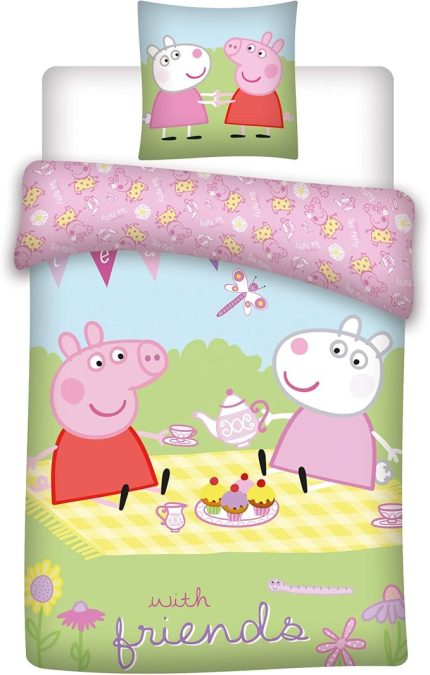 PIG Peppa 035 nevresim takımı, çocuklar için/nevresim takımı Baby Peppa arkadaşlarla, yastık kılıfı 40 cm x 45 cm + nevresim takımı 100 cm x 140 cm, %100 pamuk, Öko-Tex