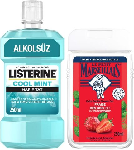 Petit Marseillais Duş Jeli Akdeniz Çileği 250 ml + Listerine Cool Mint Ağız Bakım Suyu Hafif Tat 250 ml