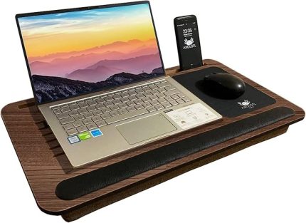 Telefon Ve Tablet Bölmeli Minderli Laptop Sehpası Notebook Bilgisayar Çalışma Masası, Antik Meşe