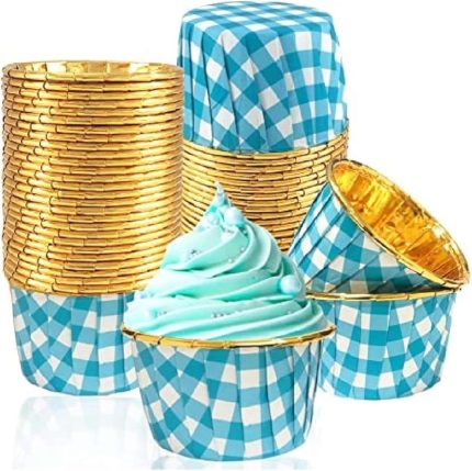 25li Muffin Kalıbı - Cupcake kalıpları, Su Geçirmez ve Yağ Geçirmez Pişirme Kağıtları, Ev veya Parti İçin Alüminyum Folyo Pişirme Kek Kapları -Kare Desenli Mavi-Altın
