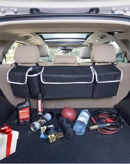 Araba Bagaj Organizer – Koltuk Arkası Askılı Oto Düzenleyici, 4 Bölmeli Dayanıklı Depolama Çantası, Siyah (90x25x12 cm)