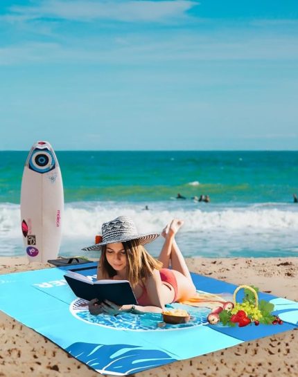 Plaj Havlusu, Piknik Örtüsü, Plaj Matı, Çantalı Plaj Hasırı,Kamp Battaniyesi, Kamp Matı, Katlanabilir, Hafif, Su Geçirmez, Kum Geçirmez (Deniz Mavisi-Plaj)