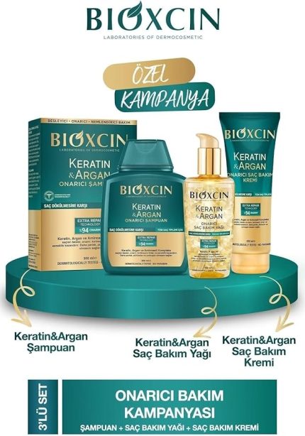 Keratin& Argan Onarıcı Şampuan 300 Ml+ Keratin Argan Bakım Yağı+ Saç Kremi