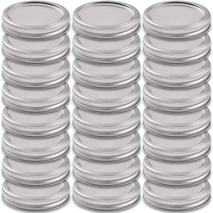 24 Set Geniş Ağızlı Mason ve Bantlar, Silikon Conta Kapaklı Yeniden Kullanılabilir Metal Mason Kavanoz Konservesi Top, Kerr ve Daha Fazla Kavanoza Uyar (24 Kapak ve 24 Bant, 86 mm/3,38 inç, Gümüş