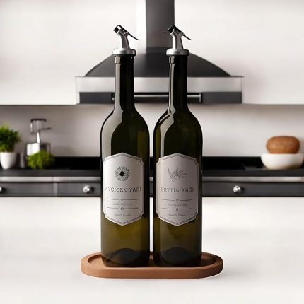 Ahşap Stantlı 2'li 750 ml Zeytinyağı Sıvıyağ Şişesi Yağdanlık Yağlık