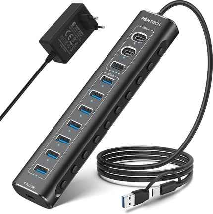 C 3.2 Hub Aktif Güç Kaynaklı (60W 12/5A), RSHTECH 11 Port USB C 3.1 Gen2 Hub 20W PD, 3 x 10Gbps USB 3.2 (2 x Tip C, 1 x Tip A), 7 * 5Gbps USB 3.0, 2'si 1 Arada Kablo, Alüminyum USB Dağıtıcı,