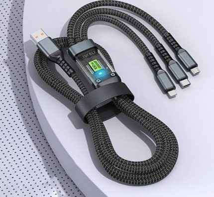 3'ü 1 arada USB Kablosu Hızlı Şarj, Şeffaf Aydınlık 100w Süper Hızlı Şarj Kablosu, Dayanıklı Naylon örgü, Tip-C, iPhone ve Android Cihazlar için Şarj Çözümü