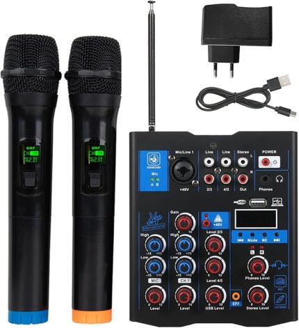 Çift Kablosuz Mikrofonlu Profesyonel Mikseri, Kartı Konsol temi Arayüzü 4 Kanallı DJ Mikseri, DJ Karaoke PC Gitar Hoparlörü için Uygun