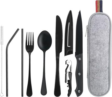 seyahat çatal bıçak takımı, kamp çatal bıçak takımı, 9 parça, keçe çantalı, dış mekan, çatal bıçak çantası, seyahat çatal bıçak takımı, taşınabilir kamp çatal bıçak takımı için, paslanmaz çelik