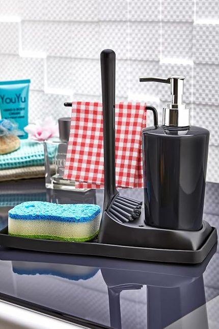 Silikon Fırçalı Mutfak Banyo Sıvı Sabunluk Süngerlik Seti