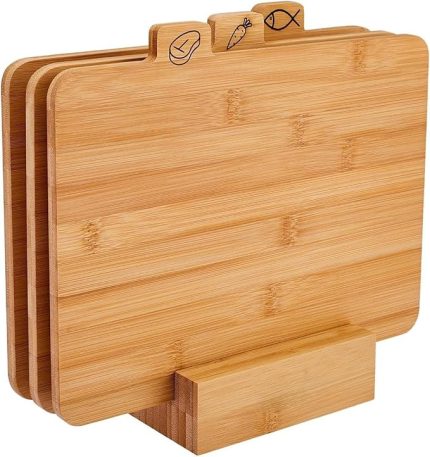 Home Standlı 3'lü Bambu Kesme Tahtası Seti – Hijyenik ve Dayanıklı Mutfak Kesim Panosu, Sebze ve Et Doğrama İçin İdeal, Şık ve Fonksiyonel Tasarım