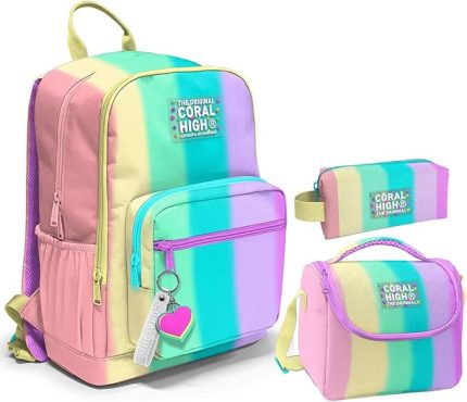 High Üçlü İlk ve Ortaokul Okul Çanta Seti - Renkli Çizgili - Kız Çocuk