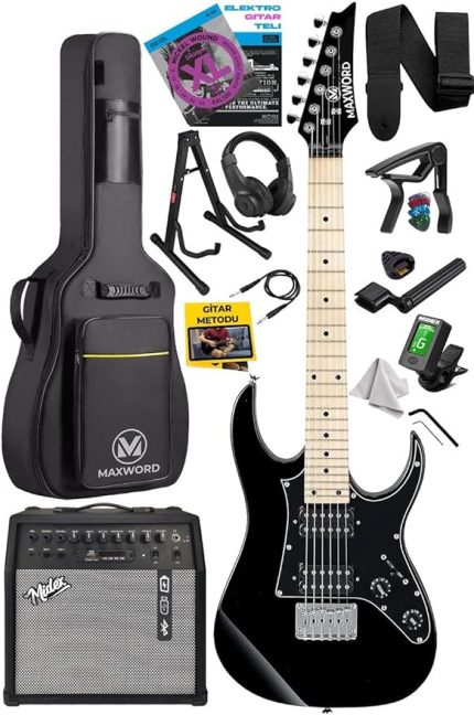 DE-150BK-50AMP Maple Klavye HH Yüksek Kaliteli 50W Amfili Elektro Gitar Seti