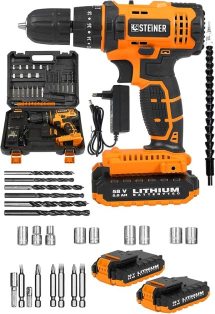 Alman 58 V 5 Ah Darbeli Çift Akülü Metal Dişli Şanzuman Şarjlı Vidalam Matkap + 27 Parça Set - ST0518R215400214