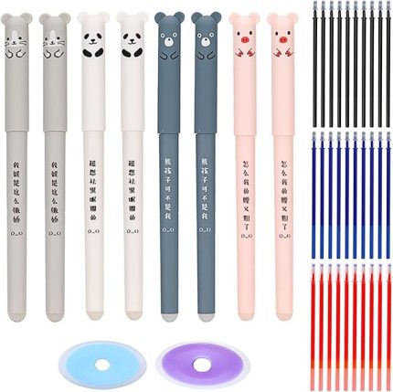 Silinebilir tükenmez kalem, 8 adet roller kalem, silinebilir, 0,35 mm, çizgi film, silinebilir kalem, 30 dolum ve 2 silgi, silinebilir jel kalem, öğrenciler, okul, ofis için