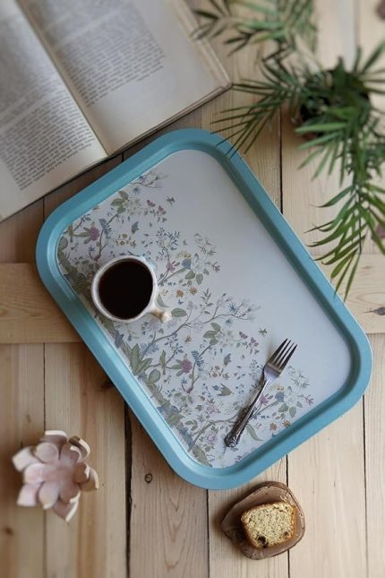Desenli Metal Tepsi - Çay Kahve Tepsisi - Sunum Tepsisi 28 Cm X 40 Cm (Botanica Blue)