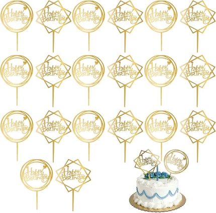 20 adet Happy Birthday pasta süsü seti, doğum günü dekorasyonu için, altın akrilik doğum günü cupcake dekorasyonu, parıltılı, doğum günü pastası dekorasyonu, erkek ve kız çocukları için uygun