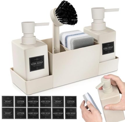 Sıvı sabunluk, bulaşık deterjanı dispenseri, 350 ml lavabo düzenleyici, fırçalı ve bulaşık süngeri, bulaşık düzenleyici, mutfak ve banyo için damlama kaseli lavabo düzenleyici (bej)