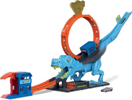 Wheels Dinozor ile Mücadele™ Oyun Seti 1 adet oyuncak araba içeren Hot Wheels™ şehri pist seti, T-Rex akrobasi ve yarış çemberli oyun seti HKX42