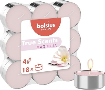Kokulu Tealight Mum, Manolya Kokulu, Pembe Renkli, 18'li Paket, 4 Saatlik Uzun Yanma Süresi - Ev Mumu - İç Dekorasyon - Doğal Özler - Doğal Vegan Balmumu İçerir - Palmiye Yağı İçermez