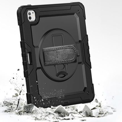 iPad Pro 13 inç M4 2024 7. Nesil için Kılıf (Model: A2925, A2926, A3007) Tam Koruma Darbe Emici, 360° Dönebilen Stand, Ayarlanabilir Omuz Askısı, Kalem Tutucu, Siyah