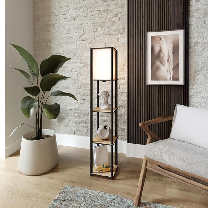 Raflı Lambader Meşe Renkli | Modern 3 Katlı Raflı Ayaklı Aydınlatma Ünitesi | Dekoratif Salon, Yatak Odası, Ofis Lambaderi | E27 Duy Uyumlu Şık Tasarım | Kitaplık ve Işık Bir Arada - Görsel 3