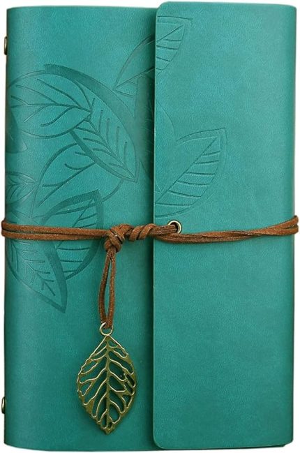 Yaprak Baskılı Deri Kapaklı Günlük Not Defteri Özel Tasarım Hediyelik Mavi