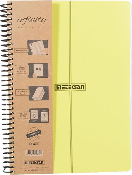 Infinity Primary Serisi, A4, 7 Konulu (5 Kareli, 2 Çizgili) 210 Yaprak PP Kapaklı Spiralli Defter, Sarı