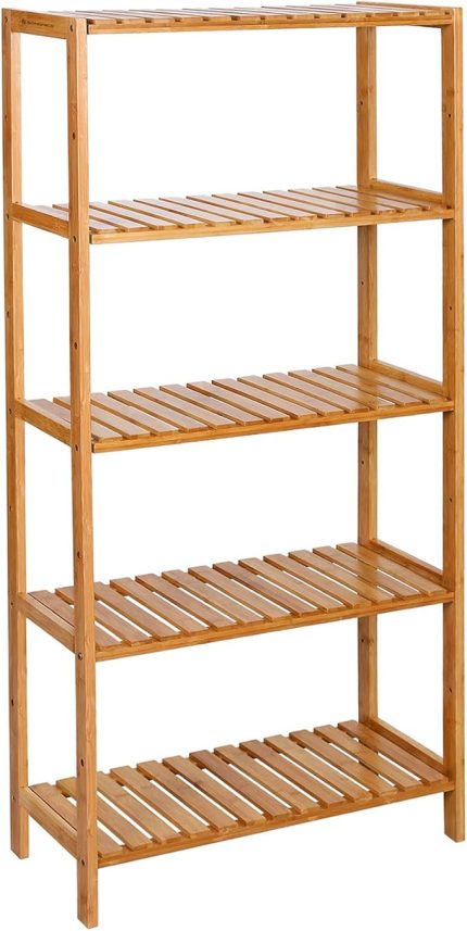 Banyo Rafı 5 Katlı Bambu Dik Raf 9 Seviyede Yüksekliği Ayarlanabilir Çok Fonksiyonlu, Oturma Odası, Koridor, Mutfak İçin Uygun 60x26x130 cm Doğal Renk Bcb35Y