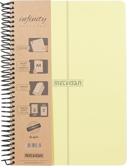 Infinity Pastel Serisi, A4, 7 Konulu (5 Kareli, 2 Çizgili) 210 Yaprak PP Kapaklı Spiralli Defter, Sarı