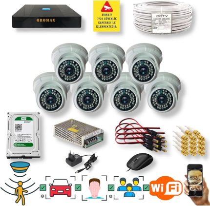 7 KAMERALI SET - İNSAN YÜZ HAREKET ALGILAYAN 36IR LED 5MP LENS 1080P İÇ MEKAN GÜVENLİK KAMERASI SETİ