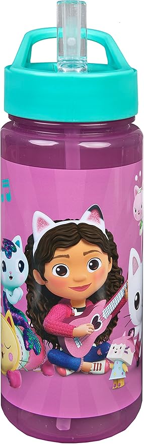 Gabby's Dollhouse içecek şişesi, çocuklar için, desenli, plastik su şişesi, BPA içermez, yakl. 500 ml kapasite, entegre pipet, okul için ideal