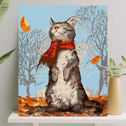 Hobi Sanat Sayılarla Boyama Tuval Seti Fırça Boya Dahil (Çıtalı) 40x50 CM - Kedi ve Sonbahar