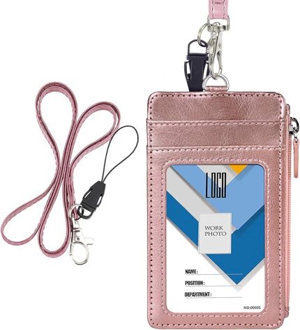 Fermuarlı Rozet Tutucu, Çift Taraflı PU Deri Kimlik Kartı Tutacağı Cüzdan Kılıfı 5 Kart Yuvası, 1 Yan Fermuarlı Cep ve 50 İnç Deri Boyun Kordonu/Kayışı - Pembe Altın (Dikey)