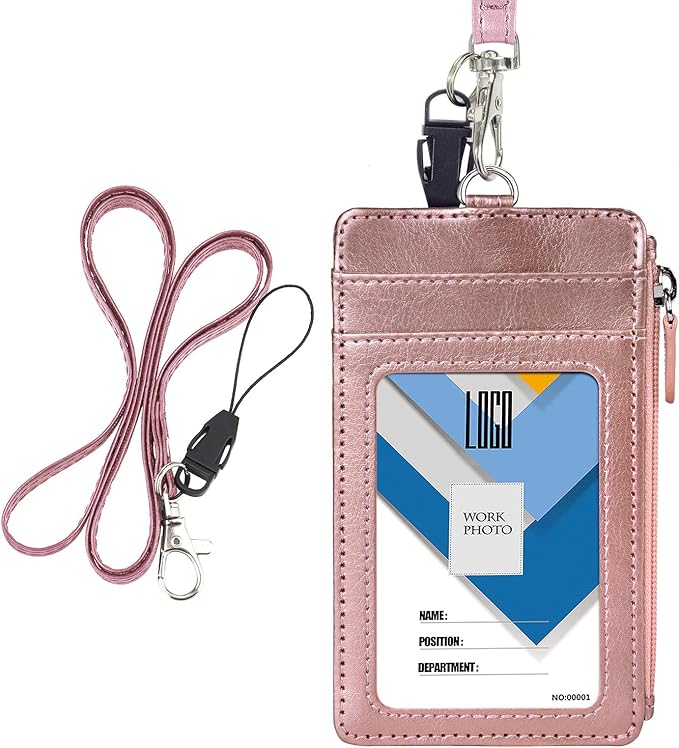 Fermuarlı Rozet Tutucu, Çift Taraflı PU Deri Kimlik Kartı Tutacağı Cüzdan Kılıfı 5 Kart Yuvası, 1 Yan Fermuarlı Cep ve 50 İnç Deri Boyun Kordonu/Kayışı - Pembe Altın (Dikey)