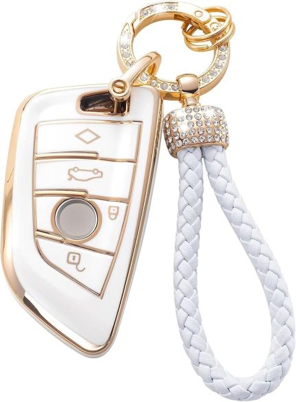 BMW anahtar kılıfı, araba anahtarı kılıfı, BMW X1 X2 X3 X5 X6 BMW 1 2 3 5 6 7 serisi X1 X2 X3 X5 X6 için, 4 tuşlu TPU BMW anahtar kılıfı + deri anahtarlık (beyaz)